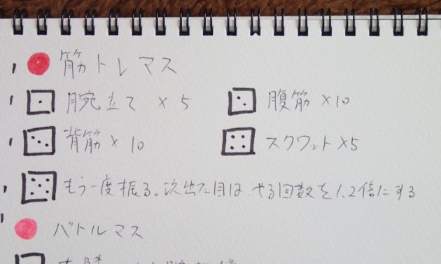 ５を引くともう一回振り、指示された回数の1.2倍トレーニングをおこないます。
６は全マス共通で休憩、「なにもなし」です。

