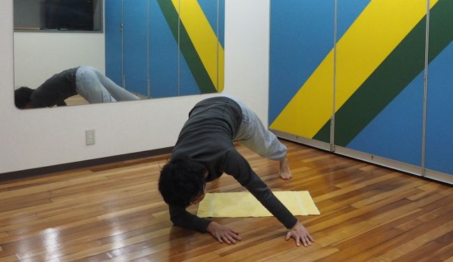 最終的にはひじを地面につけ、ゆっくりと基本姿勢に戻り、逆も同様に行います。

