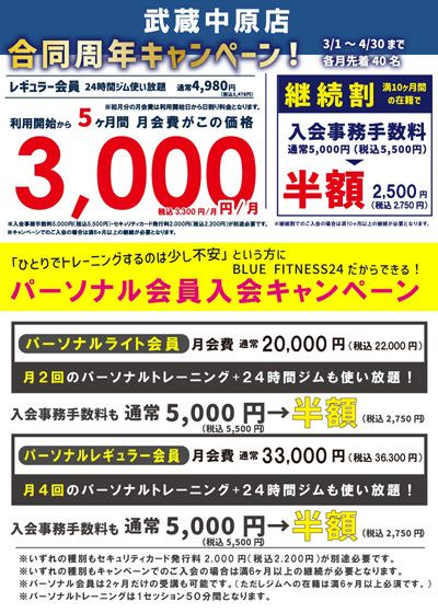 合同周年キャンペーン！<br>【各月先着40名3/1～4/30まで】<br>利用開始から5ヶ月間月会費がこの価格　3,000円(税込3,300円)/月