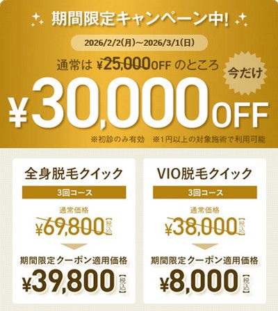 【特別キャンペーン開催中】<br>Webクーポン配布中！<br>1円以上の全施術で利用可能【期間限定】<br>30,000円OFF