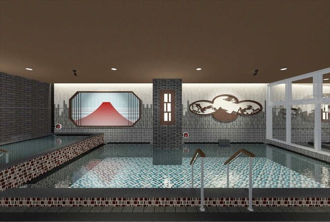 東急スポーツオアシス上大岡::男湯の壁には青富士、女湯の壁には赤富士。和テイスト満載の温泉浴で心の底からリラックスできます。